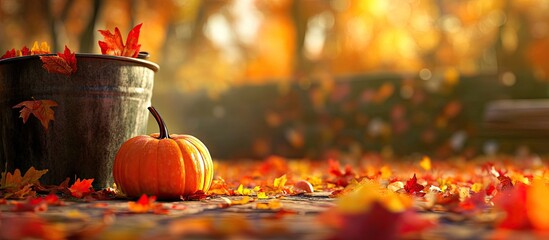 Fototapete - A fall themed backdrop highlighting a small pumpkin in sharp focus while a bucket and autumn leaves are blurred in the background. with copy space image. Place for adding text or design