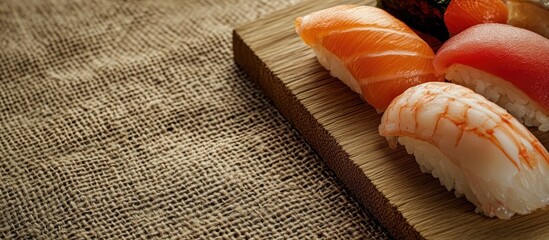 Aufkleber - Close up of sushi presented on a wooden plate set against a sack like texture. with copy space image. Place for adding text or design