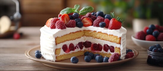 Aufkleber - Layered cake with chantilly cream and slices of fresh fruit in a rustic style. with copy space image. Place for adding text or design