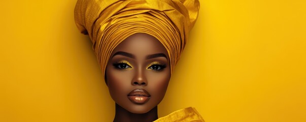 A stunning portrait of a woman with a vibrant yellow headwrap against a bright yellow background, showcasing elegance and beauty.