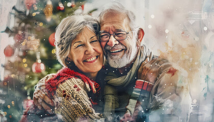 Wall Mural - A couple in a Christmas tree with a man wearing a hat and glasses