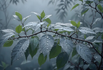 Leaves with water drops on them, rainy day background