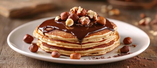 Fototapete - Pancakes topped with chocolate spread and hazelnuts served on a white plate against a wooden background. with copy space image. Place for adding text or design