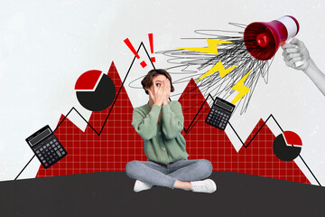 Wall Mural - Artwork composite sketch image photo collage of stats diagram graphics confused scary lady loudspeaker talk overworked burnout calculator