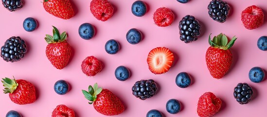 Wall Mural - Strawberries and blueberries on a pink background top view. with copy space image. Place for adding text or design