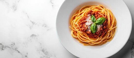 Aufkleber - Italian cuisine spaghetti with Bolognese sauce in a white pasta bowl. with copy space image. Place for adding text or design