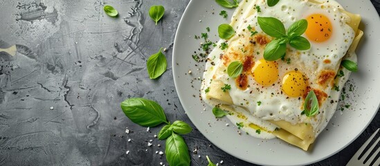 Wall Mural - Cannelloni pasta with egg sauce cream cheese and oregano leaves on a gray concrete backdrop Side view copyspace