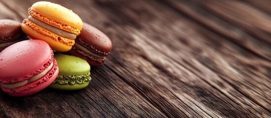 Poster - Colorful French or Italian macarons on a wooden table with copy space for a background Macarons or macaroons are a French dessert