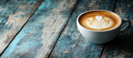 Aufkleber - Latte art in a coffee cup on a weathered vintage blue wooden table with copyspace for text