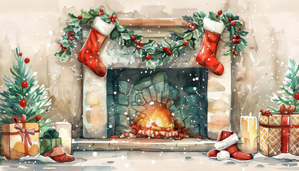 Wall Mural - A painting of a fireplace with red balls and a gift box