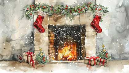 Wall Mural - A painting of a fireplace with red balls and a gift box