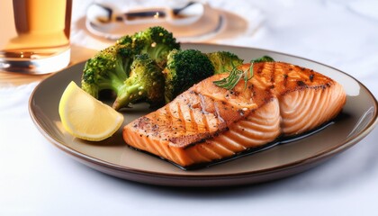 Wall Mural - grilled salmon with a side of steamed broccoli