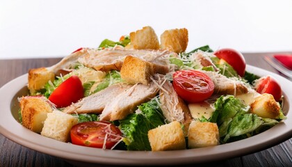 Wall Mural - tasty chicken caesar salad featuring parmesan cheese tomatoes croutons and creamy dressing