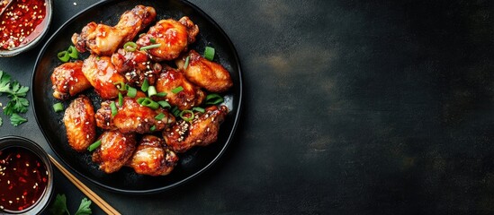 Fototapete - Chinese cuisine featuring steamed chicken wings with scallions and red pepper sauce. with copy space image. Place for adding text or design