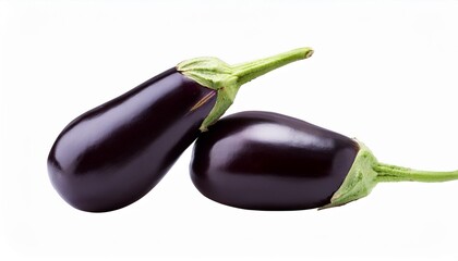 Wall Mural - two fresh raw healthy eggplants or aubergine vegetable isolated on white transparent background food ingredient vegetatian cuisine organic greenhouse farm plant