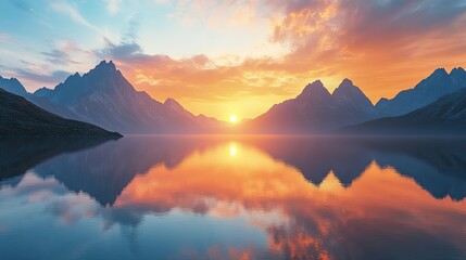 Wall Mural - A breathtaking sunset over mountains, with a calm lake perfectly reflecting the peaks and sky.