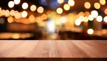 Poster - image of wooden table in front of abstract blurred restaurant lights background