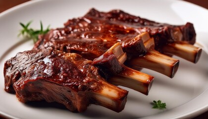 Sticker - macro closeup of cooked brown meat with a fatty texture on a white platter with a roasted bone in beef short ribs no one is in there