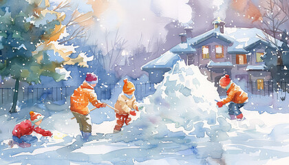 Wall Mural - A group of children are building a snowman in front of a house