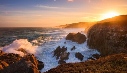 Wall Mural - wild and rugged coastal landscape with crashing waves during sunset