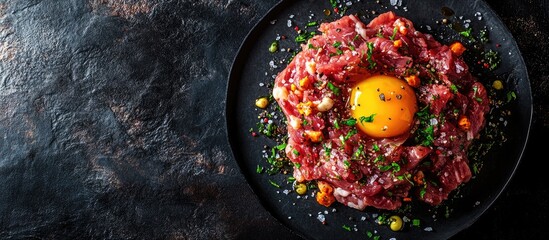 Aufkleber - Tartare steak Raw beef chopped with spices herbs and egg yolk A fresh spicy delicious gourmet dish set against a dark background with copy space close up Top view