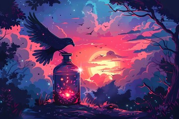 Poster - Mystical Sunset with a Raven and a Bottle of Light.