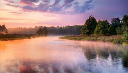 Wall Mural - serene and tranquil summer morning by the river or lake with mist adding to the beauty of the colorful scenery perfect for nature themed projects with copy space image horizontal format and enhanced