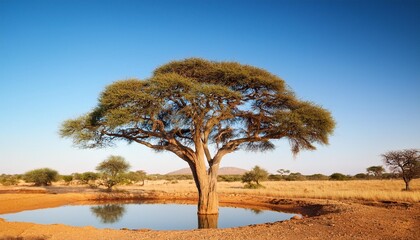 Poster - a large acacia tree and a waterhole under a clear sky