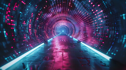 Abstract neon lights in digital technology tunnel. 3D render