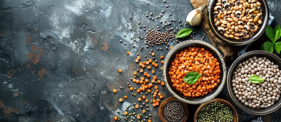 Canvas Print - A pile of cowpea spread across a black surface known as black eyed pea or southern pea is one of the most popular edible grain legumes with space for text. with copy space image