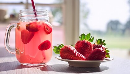 focus on a glass jar with a handle filled with a pink fruit cocktail next to a saucer with strawberr