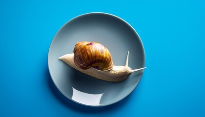 selective focus on a snail served on a plate against a blue background with copy space image