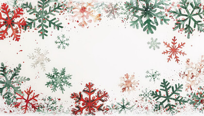 Wall Mural - A watercolor painting of snowflakes with red and green accents