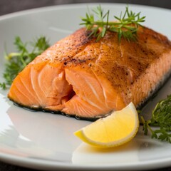 Poster - Grilled salmon steak on the plate with lemon