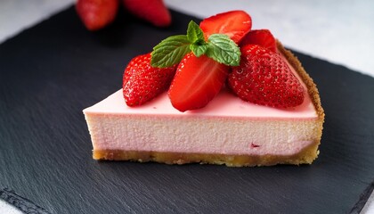 Poster - a delectable slice of strawberry cheesecake adorned with fresh strawberries on a dark slate surface