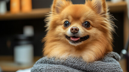 Wall Mural - Spitz Pomeranian in a groomer salon after bathing wrapped in a towel