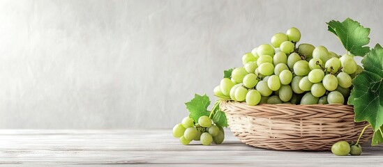 Leinwandbilder - green autumn ripe grapes in a basket on a pale wooden table. with copy space image. Place for adding text or design