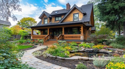 Wall Mural - Beautiful Home with a Pond and Lush Garden