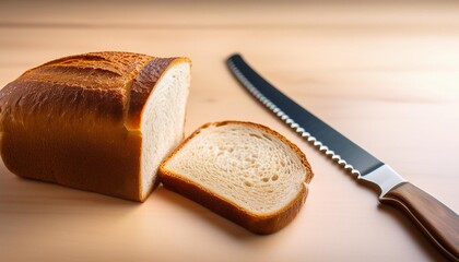 Poster - a slice of bread placed beside a bread knife cut in half on a table