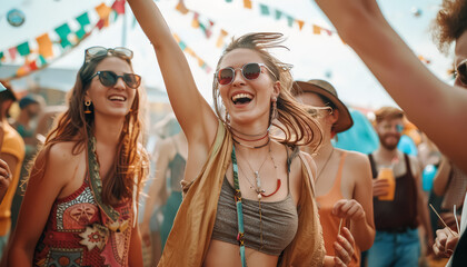 A group of people are dancing and smiling, with one woman wearing sunglasses