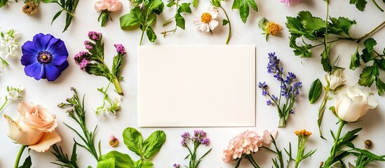 Poster - Arrangement of a blank card and various flowers on a light background close up. with copy space image. Place for adding text or design