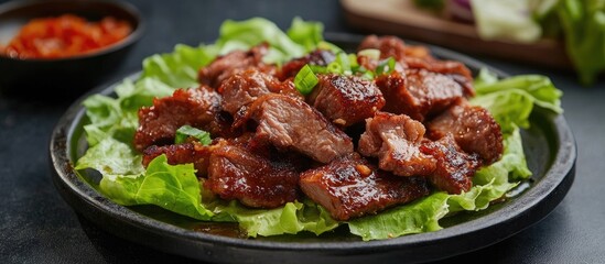 Fototapete - Pan fried black pork dish at a Korean restaurant fresh and tasty Korean cuisine served on an iron plate with lettuce close up copy space lifestyle