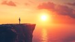 © Heng Heng - AI Stock - A lone figure stands at the precipice of a cliff gazing out towards a mesmerizing sunset over the horizon