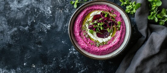 Aufkleber - Hummus with beet and microgreen basil sprouts in a ceramic bowl set against a black concrete background and linen fabric Top view flat lay copy space
