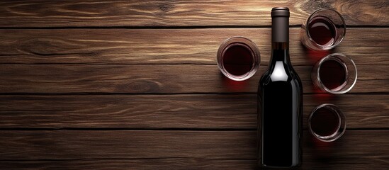 Poster - Bottle of wine and glass cups on a wooden surface Top view with copyspace