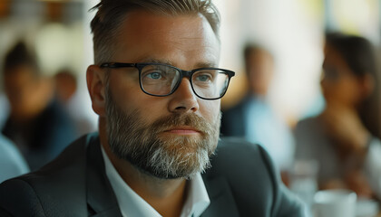 Poster - A man with glasses and a beard is sitting at a table with other people