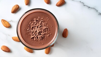 Wall Mural - glass of chocolate almond smoothie topped with almonds and grated chocolate shot from above on a marble background