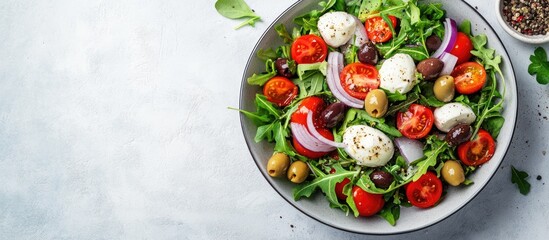 Poster - Close up of a fresh salad featuring arugula tomatoes olives onion mozzarella and spices in a bowl on a white stone background Concepts of healthy food diet detox clean eating or vegetarianism