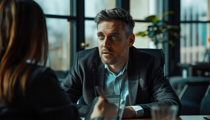 Wall Mural - A man wearing glasses and a suit is sitting at a table with a woman