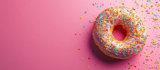 Leinwandbilder - Top view of a bitten doughnut adorned with colorful confetti on a vibrant pink background. with copy space image. Place for adding text or design